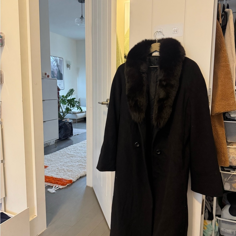 Real Black Fur-Trimmed Cashmere Coat